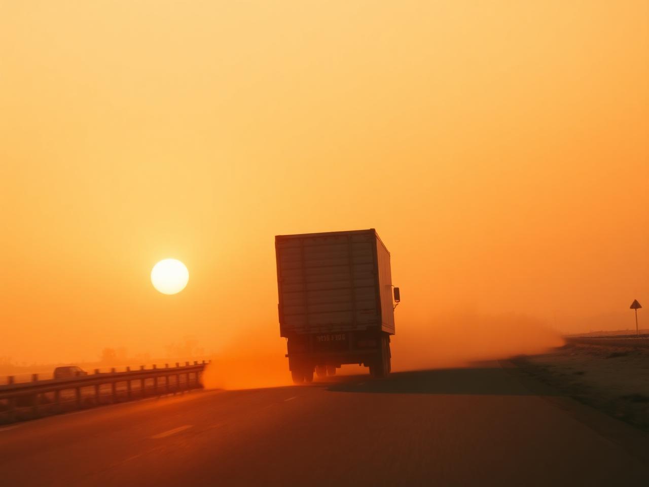 Truck on highway at sunset